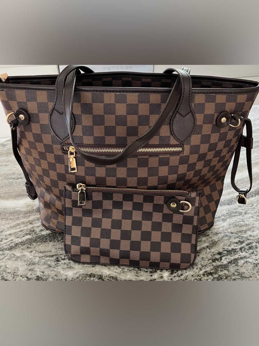 Brown Checkered Tote Handbag with Zippered Pouch - Picture 1 of 5
